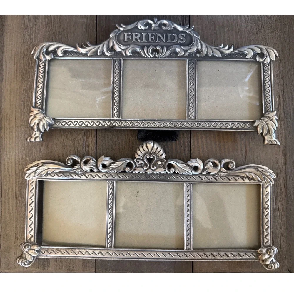 Vintage Silver Ornate Triple Photo Frame Set Friends & Scroll Crest 2pc
